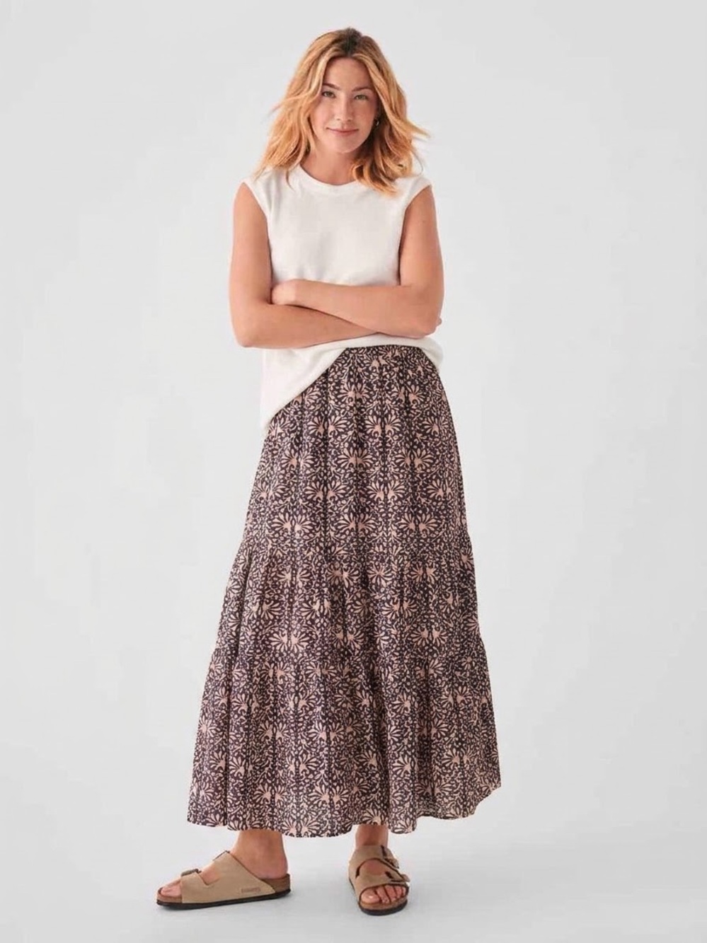 Faherty Valentina Linen Blend Maxi Skirt Midnight Kurala Floral Size M
